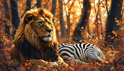 Harmony in the Wild: Lion and Zebra Embrace Autumns Warmth Amidst Forest Splendor