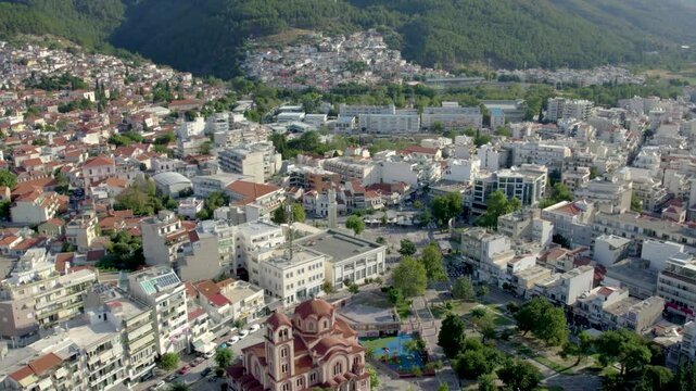 Xanthi Thrace Greece, Aerial Footage Dolly shot of City ant Old Town, Panoramic View