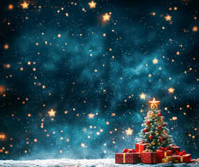 Christmas tree and gifts at night