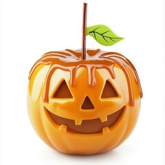 Halloween pumpkin with caramel drizzle, white isolate background