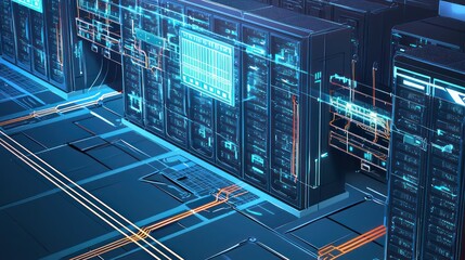 Obraz premium Technical drawing of a high-security server farm, detailing robust cybersecurity measures and energy-efficient cooling systems