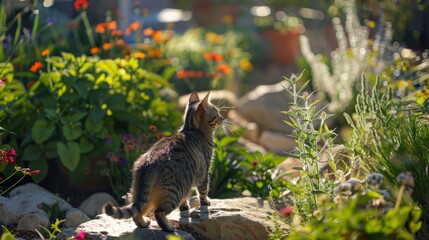 Obraz premium Curious Cat Exploring a Colorful Garden Full of Vibrant Flowers in Daylight