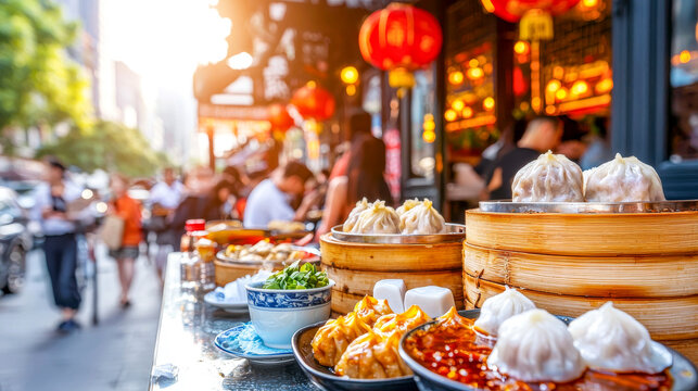 Chinese Street Food Delights: A vibrant, close-up shot of a bustling street food stall in China, showcasing an array of tempting dumplings and dim sum.