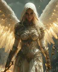 female angel in white hooded armor stands resolute with glowing golden wings