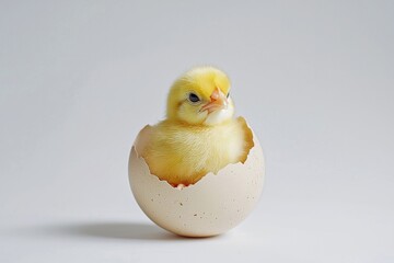 Little yellow chicks just hatched from an egg and sitting in the shell on a white background