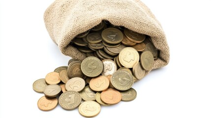 Burlap Sack Filled with Euro Coins Spilling Out