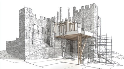 Fototapeta premium Technical drawing of a historic castle renovation, including structural reinforcements and preservation techniques