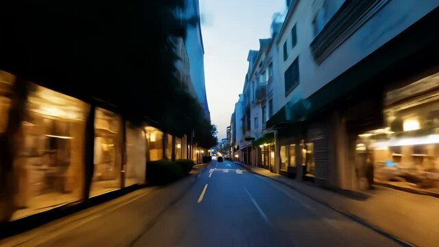 Urban alleyway at twilight transitions from day to night with a fast-moving camera flying through narrow streets, capturing shifting perspectives of buildings in a cityscape.