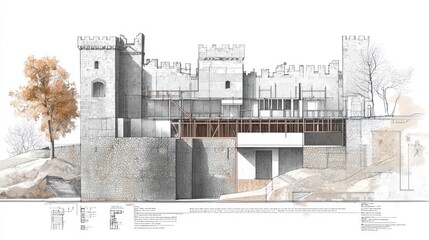 Technical drawing of a historic castle renovation, including structural reinforcements and preservation techniques