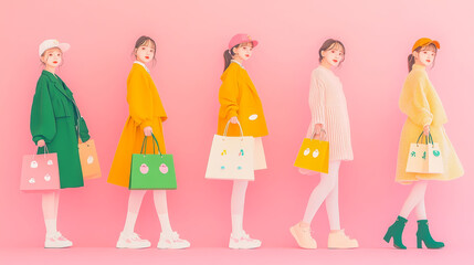 Fashion, girl, shopping bags, anime characters in cartoon style