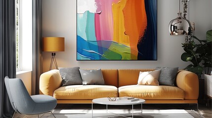 Fototapeta premium A beautiful, modern living room with a canvas print hanging on the wall. The artwork on the canvas features a stunning abstract digital painting in vivid colors. Generative AI.