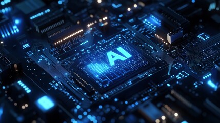 Obraz premium AI Chipset Motherboard Glowing Circuitry, 3D Render, Artificial Intelligence, Technology, Digital, Future , Technology