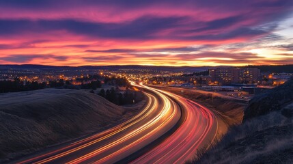 Fototapeta premium Cityscape with Curved Highway and Colorful Sunset, long exposure, night photography, city lights, highway lights, urban landscape, sunset glow