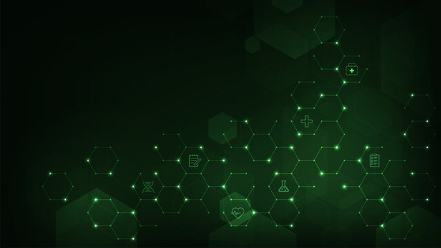 Modern medical concept. medical symbol with line hexagon on green background.