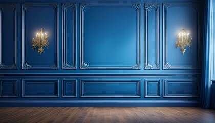 Wall panels. Classic interior wooden wall. Modern luxury blue decor.
