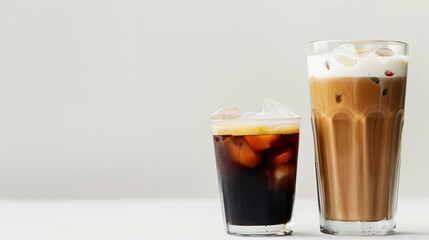 Close-up shot of a tall glass of black iced coffee next to a latte with milk, both isolated on a pristine white background, featuring ample copy space for additional content.