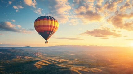 Obraz premium Hot Air Balloon Soaring Above Rolling Hills at Sunset, landscape, adventure