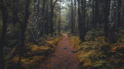 Obraz premium Into the Woods A Path Through Tall Trees and Golden Foliage, forest path, nature photography