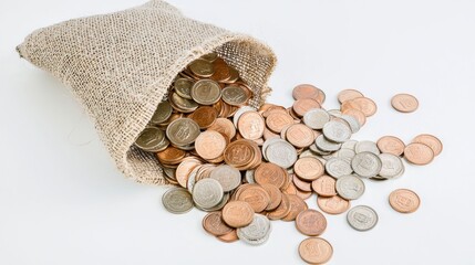Coins Spilling from a Burlap Sack onto a White Surface