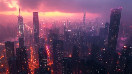 Fototapeta premium Neon Cityscape Under Pink Sky, Cyberpunk , Futuristic City