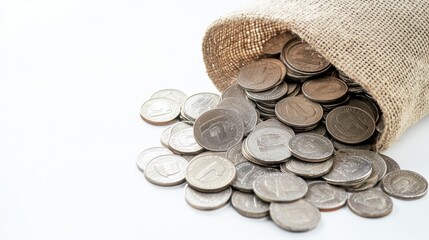 Coins Spilling from Burlap Sack on White Background