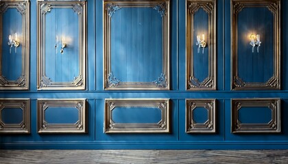 Wall panels. Classic interior wooden wall. Modern luxury blue decor.
