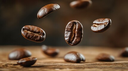 Fototapeta premium Coffee Beans Hovering Above Rustic Wooden Table