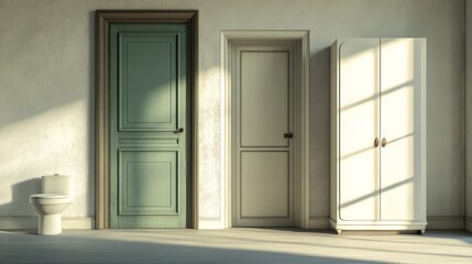 Minimalist Bathroom Interior with Green Door, White Cabinet and Toilet, Interior Design, Bathroom Design ,bathroom, interior