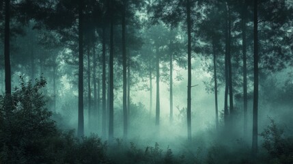 Fototapeta premium Mysterious Foggy Forest Trees and Mist, forest, mist