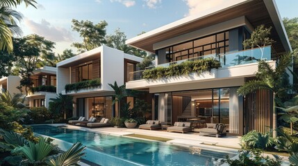 Fototapeta premium A four-story detached villa designed with a contemporary tropical. Generative AI.