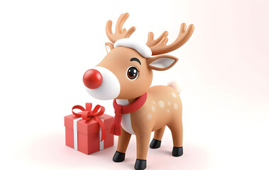 Obraz premium Adorable Christmas deer holiday hero 3D icon in minimalist style, cute design, solid background, red and white gradient, high quality, detailed and expressive model.