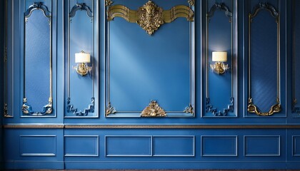 Wall panels. Classic interior wooden wall. Modern luxury blue decor.
