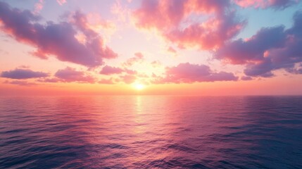Obraz premium Pink and Purple Sunset Over a Calm Ocean, ocean sunset , seascape
