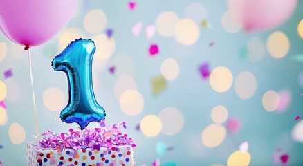 Celebratory blue number one balloon on a birthday cake with pink confetti and bokeh lights in the background representing a special milestone or anniversary