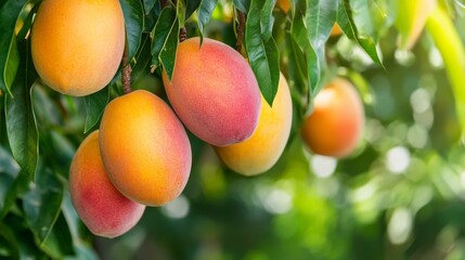 Ripe Mangoes Hanging from a Tree Branch with Green Leaves, Fruit , Orchard