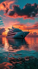 Fototapeta premium A sleek cruise ship sailing at sunset, the sky ablaze with bright colors, reflected in the calm, clear waters of the ocean.