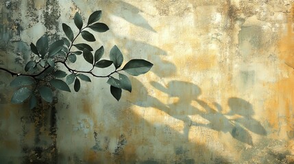 Green Leaves Cast Shadows on Weathered Wall