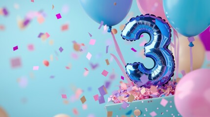 Cheerful birthday party scene with number 3 cake balloons confetti and festive against a blurred blue and pink background celebrating a 3rd anniversary or milestone