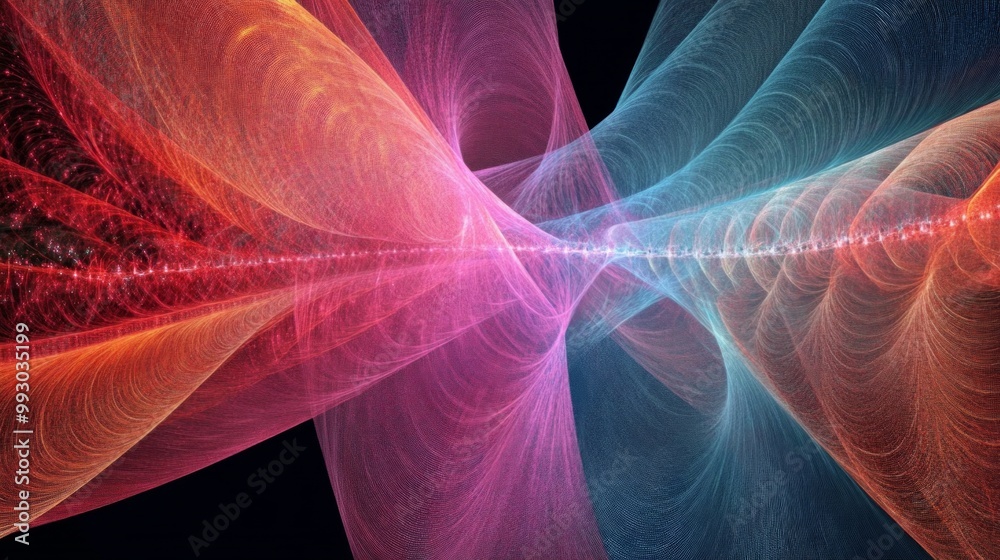 Poster visual representation of quantum superposition showcasing vibrant wave patterns in a dynamic and col