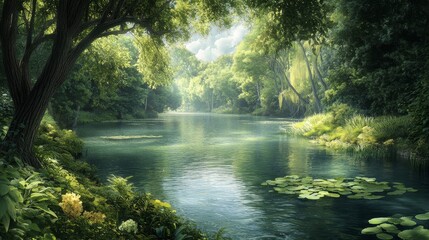 Serene River Through Lush Forest with Sunlight Dappled Water, Nature, Landscape , Nature Photography