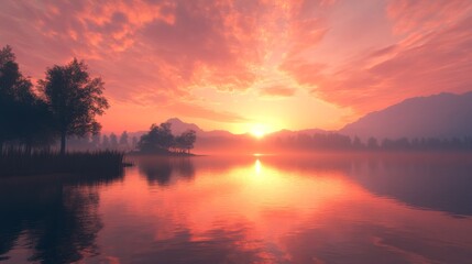 Naklejka premium Silhouetted Trees Reflecting in a Misty Lake at Sunset, nature , landscape