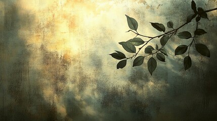 A Branch with Green Leaves Against a Grunge-Textured Background