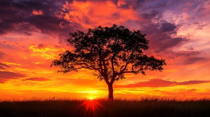 Obraz premium Silhouette of a tree against a fiery sunset with sun rays, nature , landscape