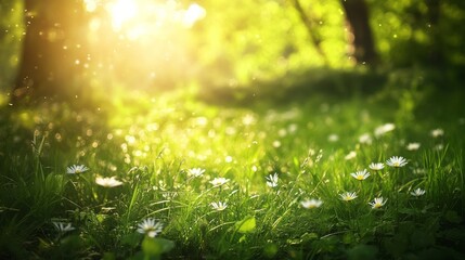 Sunlight Filtering Through Green Grass and Daisies, nature , springtime