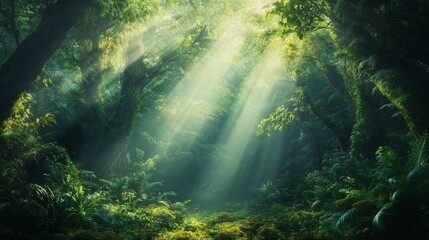 Obraz premium Sunlight Filtering Through Lush Rainforest Canopy, jungle, green foliage