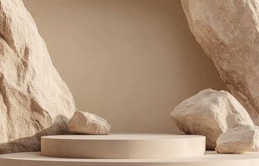 Minimalist design with round podium surrounded by natural stone elements, creating serene and earthy atmosphere. Ideal for presentations or displays