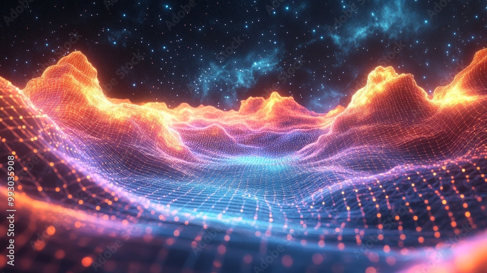 Poster vibrant 3d rendering of quantum fields with a grid-like mesh extending into a cosmic landscape at ni