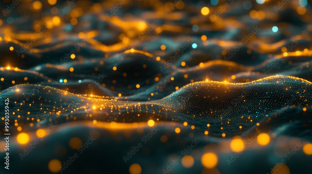 Poster intricate 3d visualization of quantum fields displaying glowing particles and energy waves in a vast