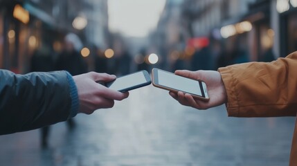 Two Hands Holding Smartphones with a Blurry City Background, social media, communication