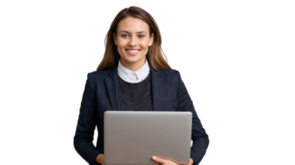 Smiling Businesswoman Holding Laptop on Transparent Background – Technology Concept